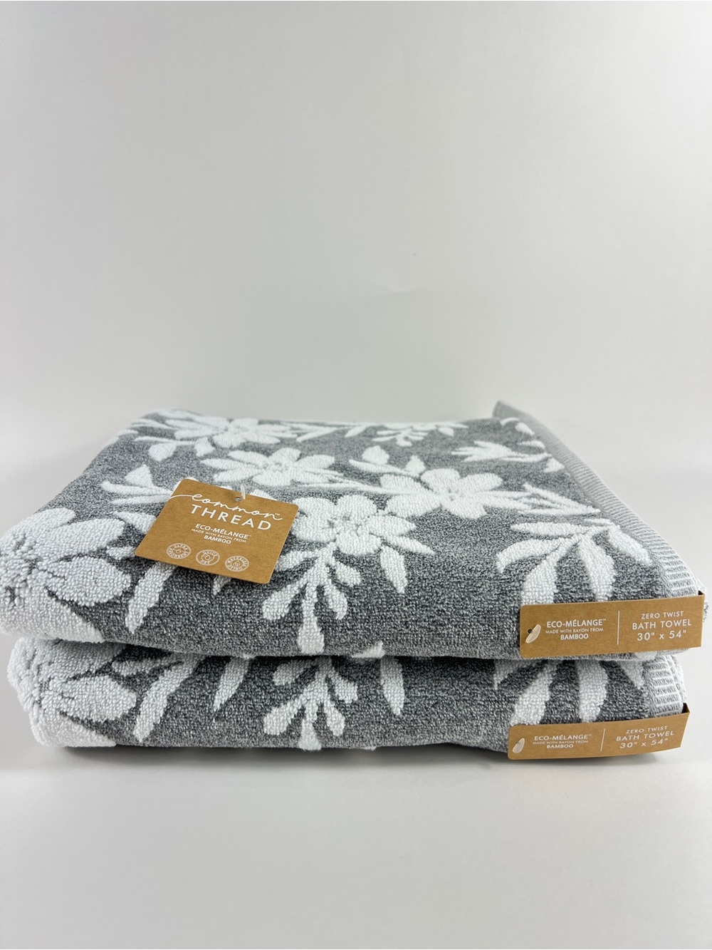 Common Thread Bamboo Bath Towels Gray White Floral Soft Cotton Blend 2 Pc NEW